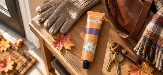 ROOPY hand cream beside gloves and a commuter bag for a fall hand care routine