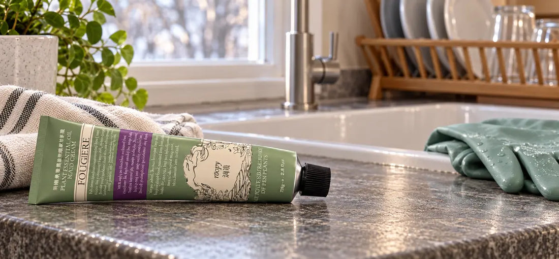 ROOPY hand cream by a kitchen sink after household cleaning