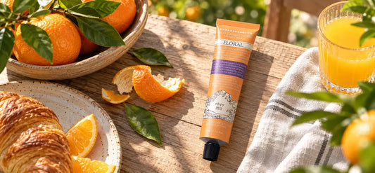 ROOPY citrus hand cream in a bright autumn citrus breakfast scene
