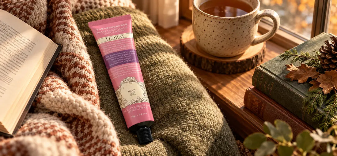 ROOPY scented hand cream in a warm woody autumn reading nook