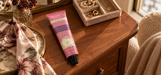 ROOPY hand cream on an elegant dressing table with fall accessories