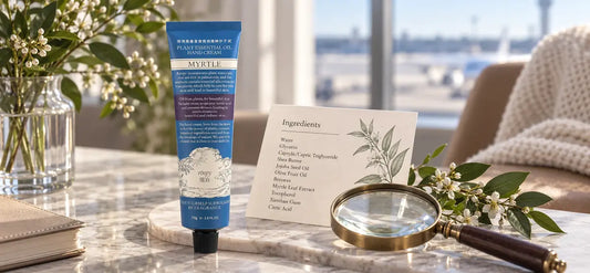 ROOPY hand cream beside an ingredient list and magnifying glass