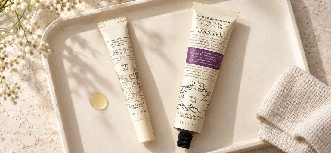 ROOPY cuticle oil and hand cream arranged as a two-step hand care routine