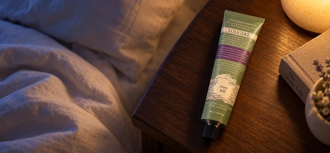 ROOPY hand cream on a bedside table during an evening hand care ritual