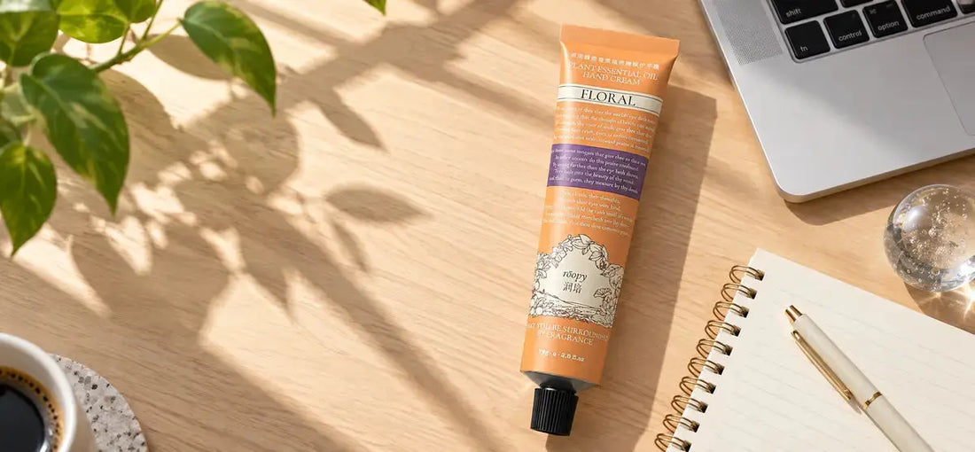 ROOPY hand cream on a bright office desk beside a laptop and notebook