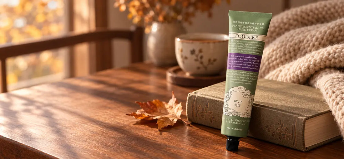 ROOPY hand cream styled on a warm autumn table with knitwear and tea