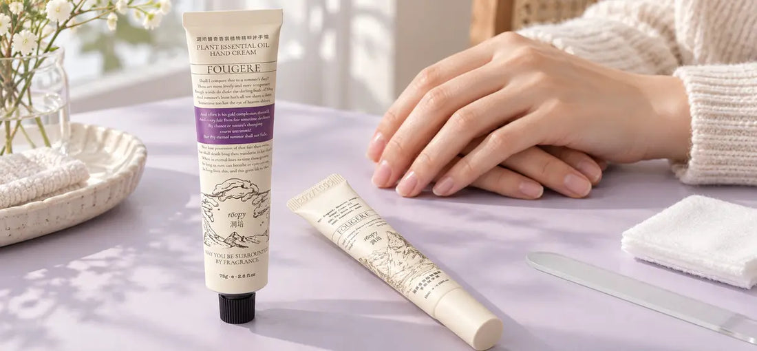 ROOPY hand cream and cuticle oil in a nighttime home manicure routine