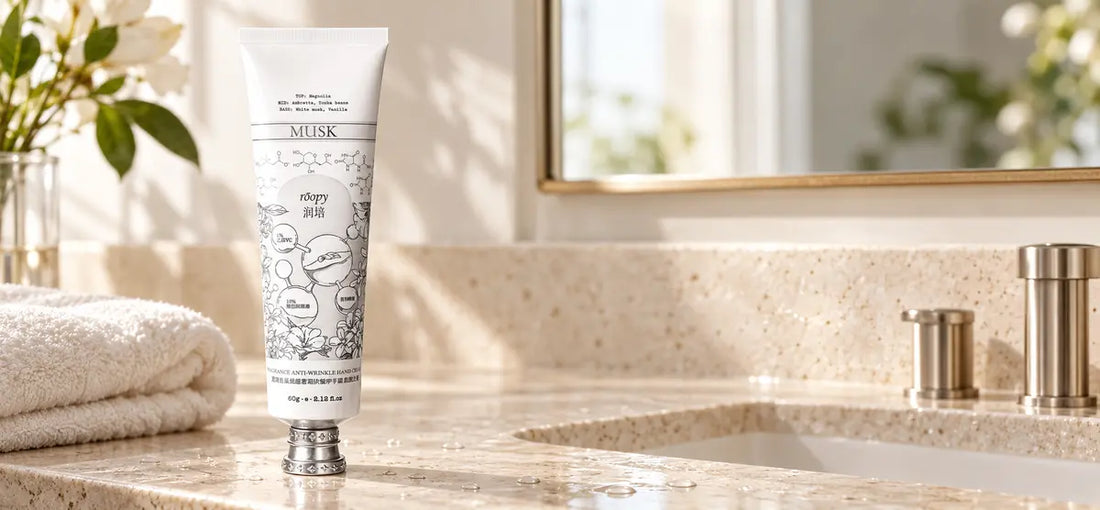 ROOPY anti-wrinkle hand cream on a sunlit bathroom vanity