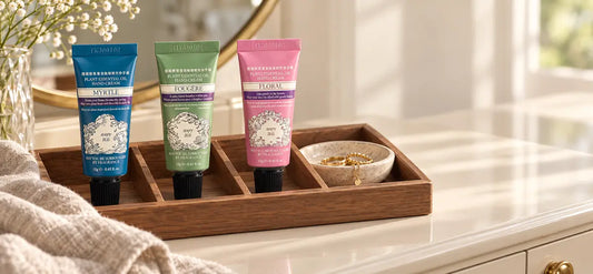 Three ROOPY mini hand creams arranged in a fragrance wardrobe tray