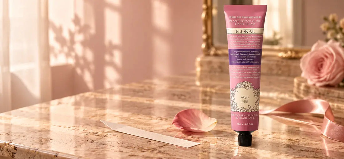 ROOPY floral hand cream on a softly lit fragrance vanity