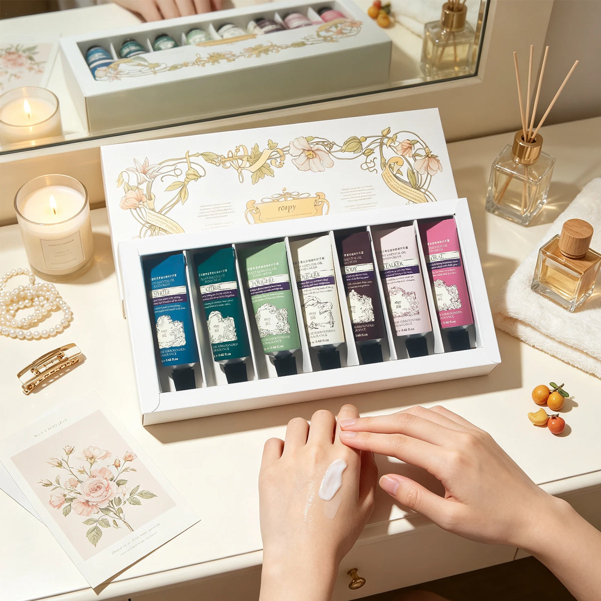 ROOPY 7-piece mini hand cream gift set packaging and gifting scene