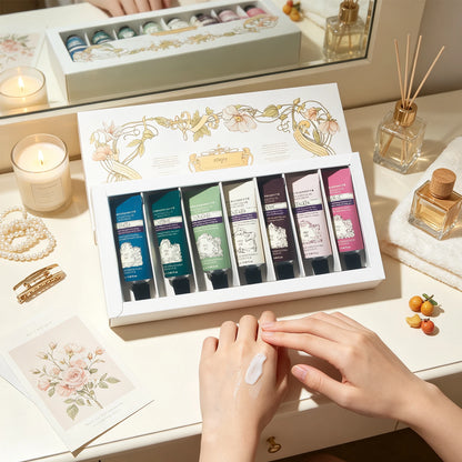 ROOPY 7-piece mini hand cream gift set packaging and gifting scene