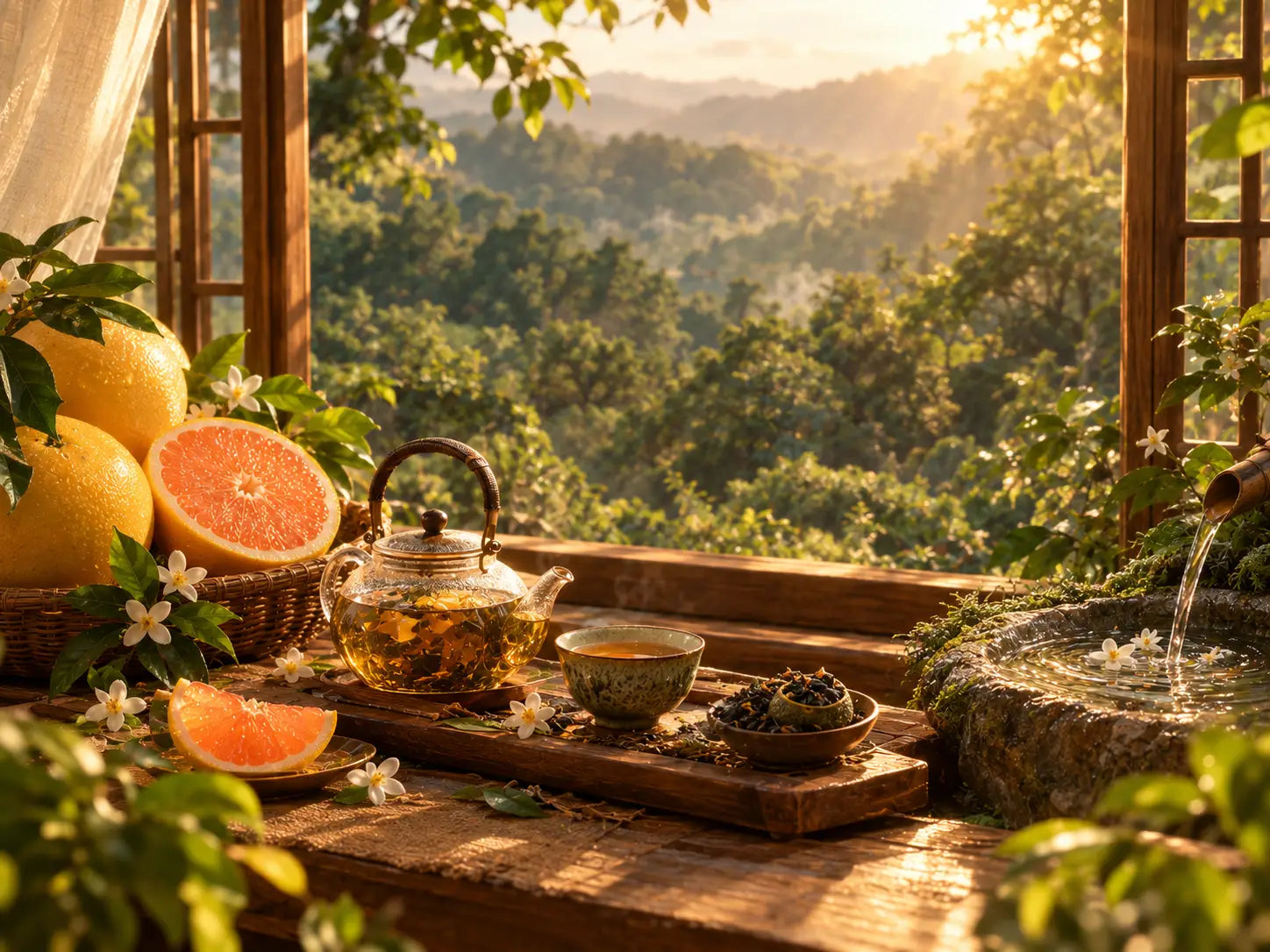 ROOPY Fresh & Citrus fragrance collection with citrus, tea, and botanical elements in a sunlit garden setting