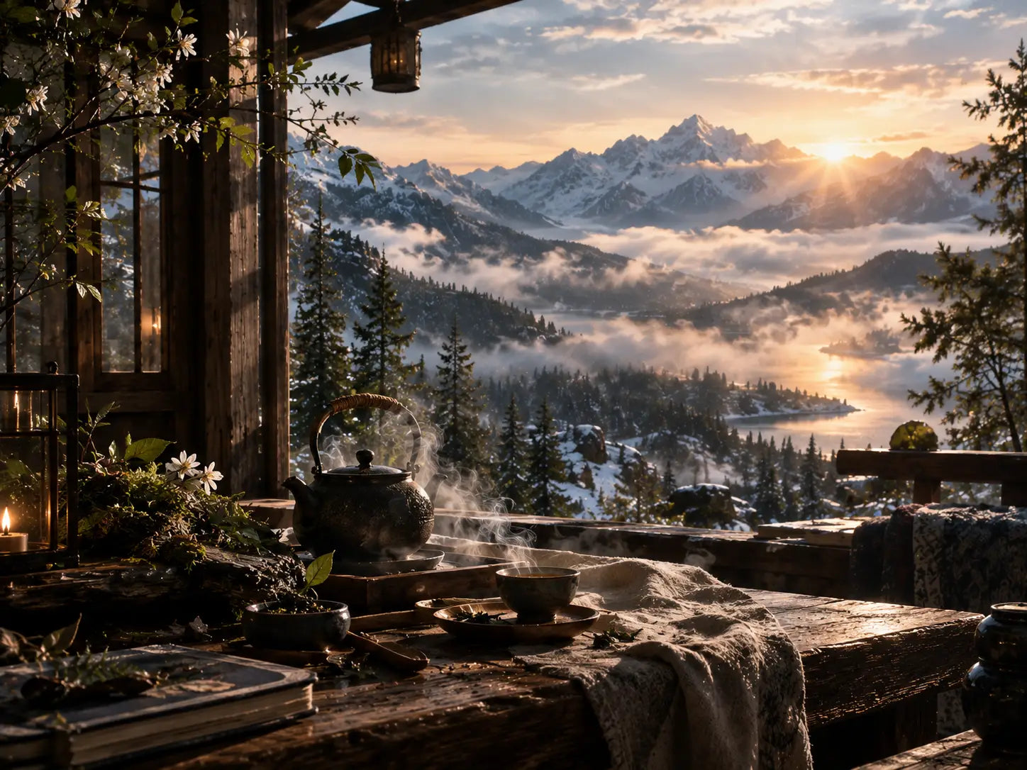 ROOPY Aromatic & Fougère fragrance collection in a serene mountain tea setting